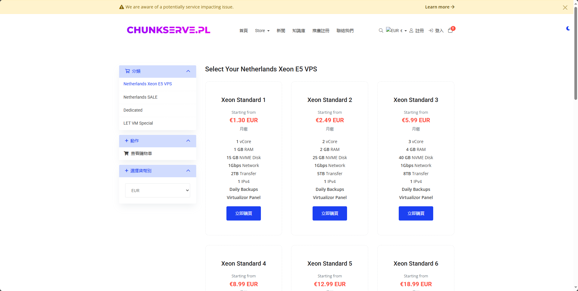 Chunkserve：荷兰便宜VPS，1核1GB/15 GB NVMe，1Gbps@2TB，月付$1.3起